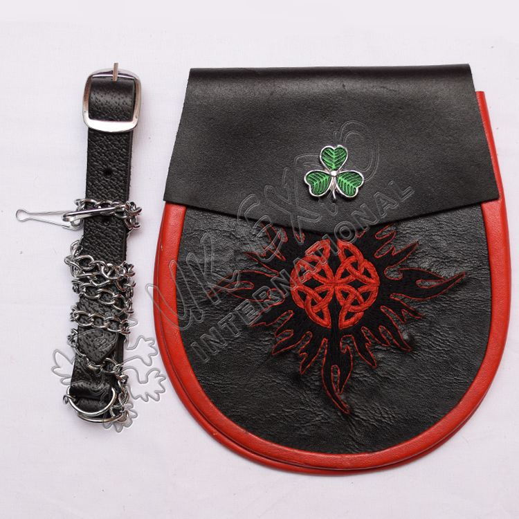 Black and Red Real leather Black Hand Embroidery Work With Shamrock