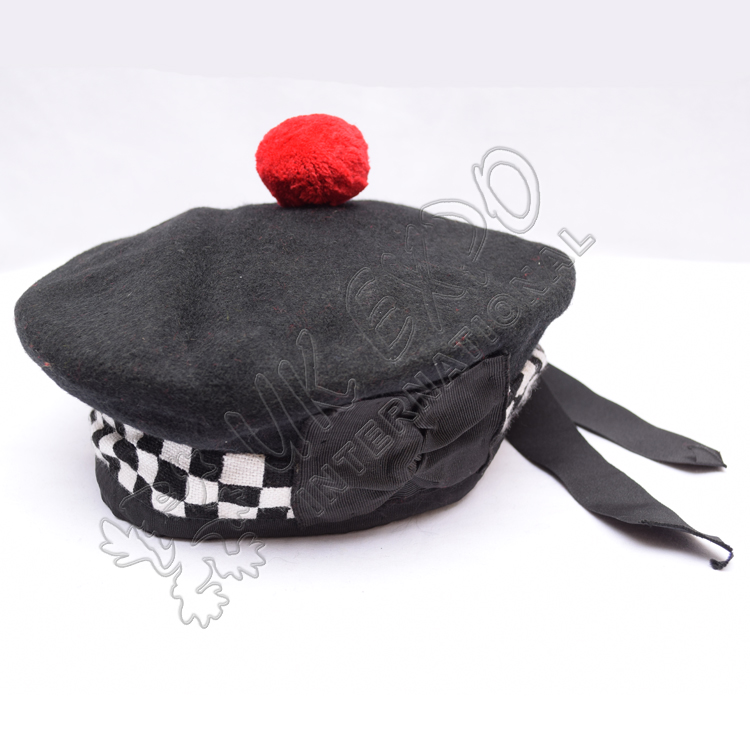 Black Balmoral Hat with white Black dicing and red pom
