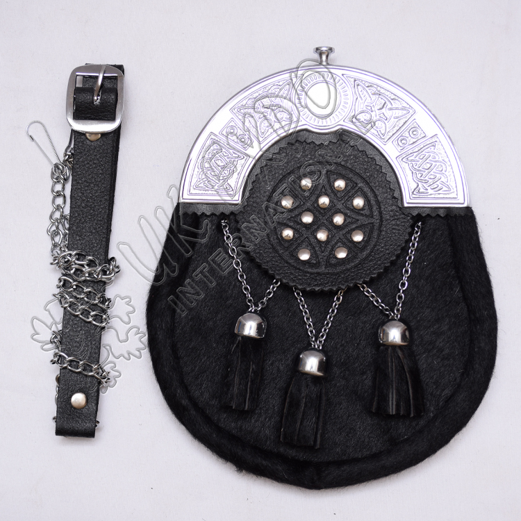 Black Color Cow Skin three cross tassels with Celtic Cantle and Embossed Sporran