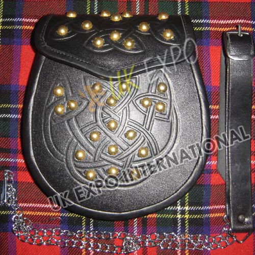 Celtic double Embossed sporran with Golden Studs on Front and Flap