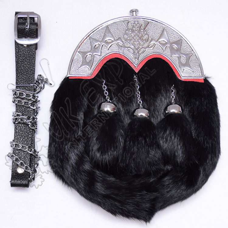 Full Dress Black Rabbit fur sporrans with Scottish Cantle