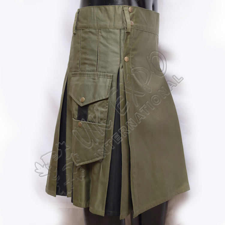 Hybrid Decent Box Pleat Utility Kilt Attached pockets Olive and Black Cotton 