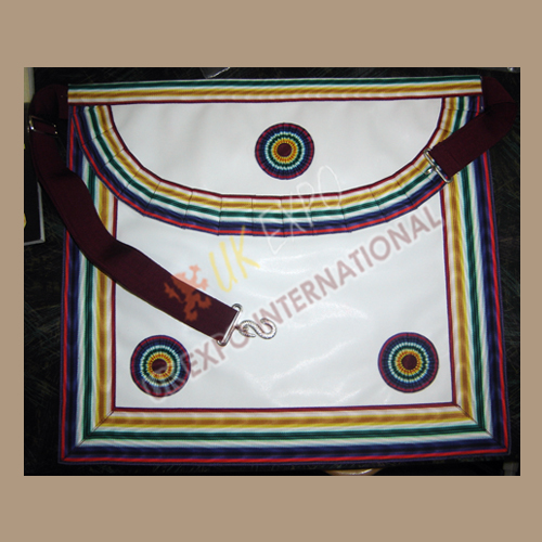 Masonic Bag White Leather Multi Color Ribbon and marron Strap 3 rosetts