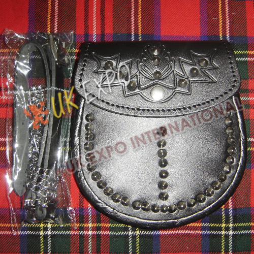 Orignal Cow hide leather Scottish flower Embossed on Flap and studs on front