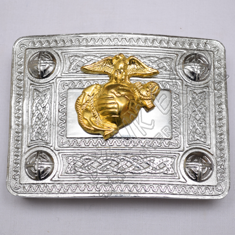 Scottish Celtic Design Chrome Buckle With Brass Us Marine Badge