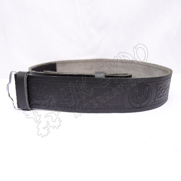 Scottish Flower and Celtic knot work Embossed on Black Color orignal Leather Kilt Belt