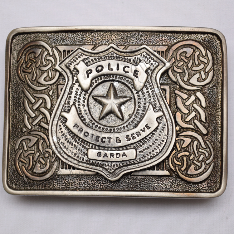 Scottish Shiny Antique Celtic Design Buckle With Police Protect & Serve Garda Badge