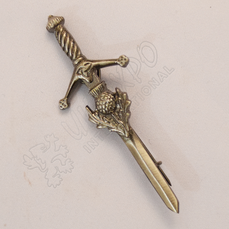 Scottish Sword with Thistle Kilt Pin Shiny Antique Finish