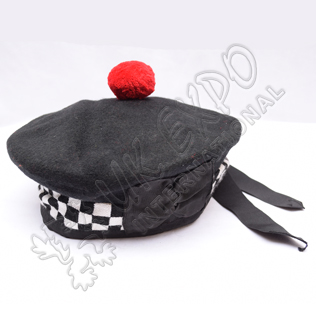 Black Balmoral Hat with white Black dicing and red pom
