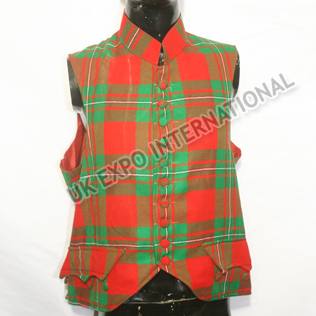 Check Fabric Vest with fabric Buttons and red Lining