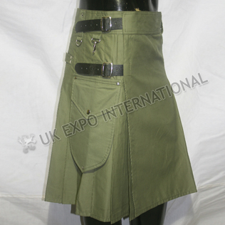 Olive Utility kilts With 2 Round Pockets long leather straps