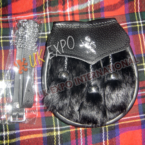 Adult Sporrans Black Rabbit fur with 3 tessel and Rampart Lion badge on Flap
