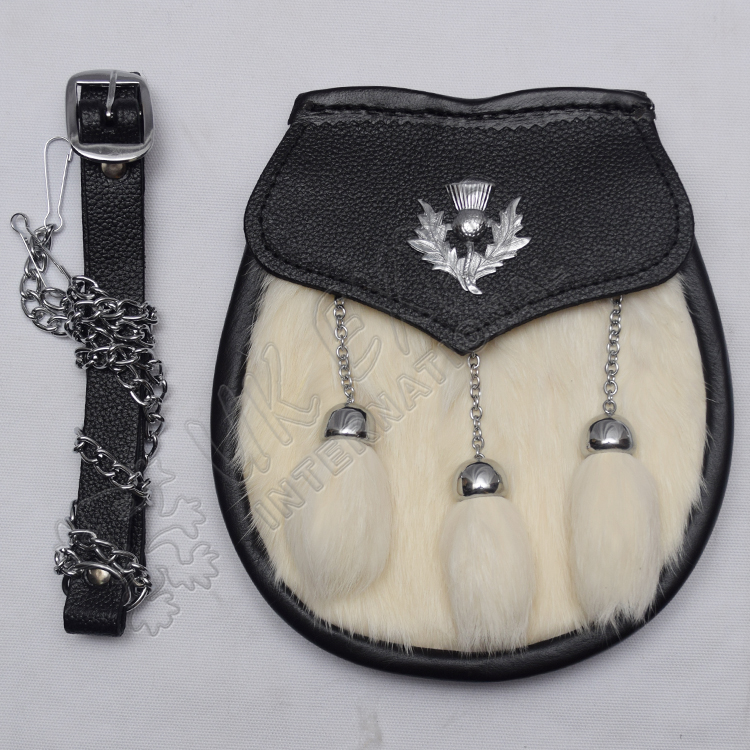 Adult Sporrans white Rabbit fur with 3 tessel and thistle badge on Flap