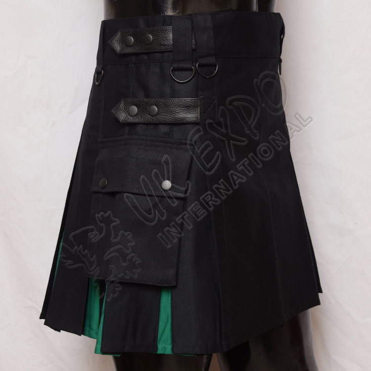 Black and Green Ladies Hybrid Kilt With Pockets