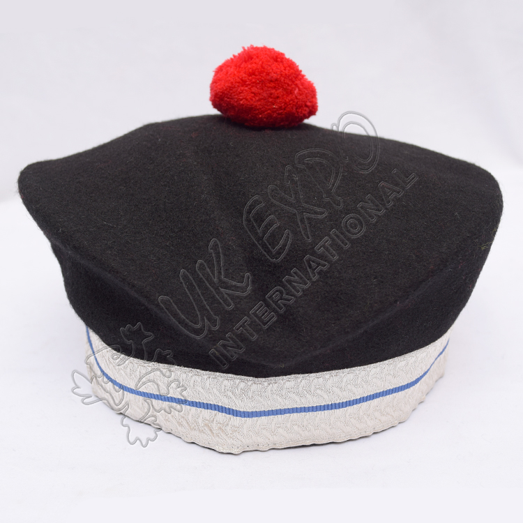 Black Balmoral Hat With Red Pom Pom