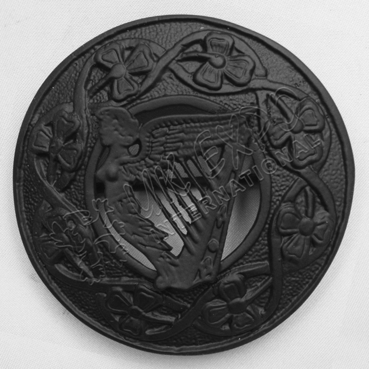 Black Color coated Shamrock knot and Irish Harp Brooch