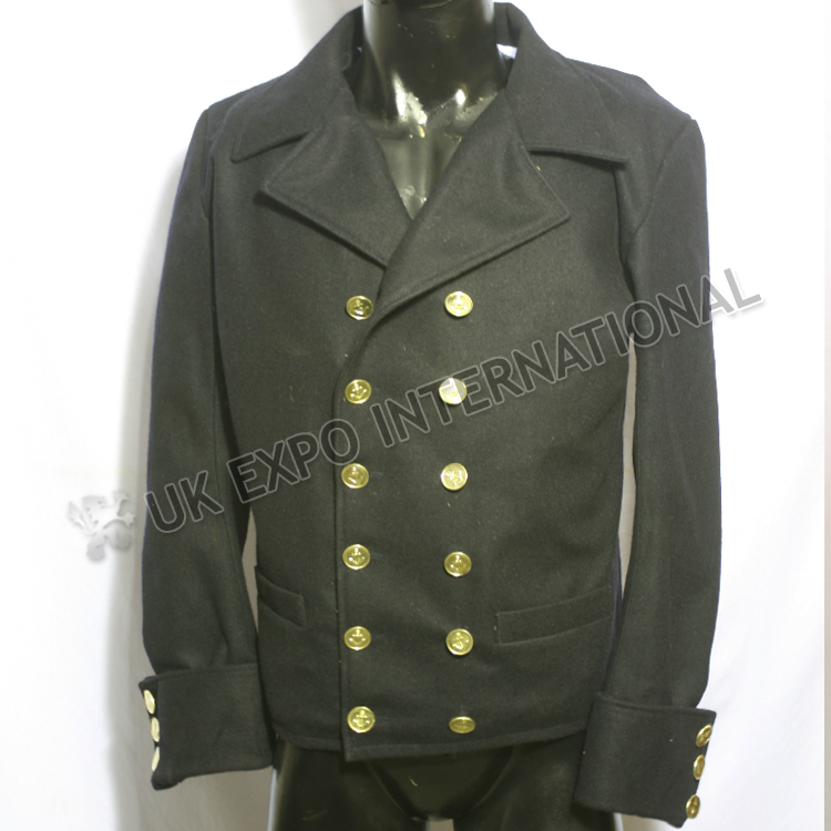 Black Color Double Breast Wool Coat with Anchor Buttons