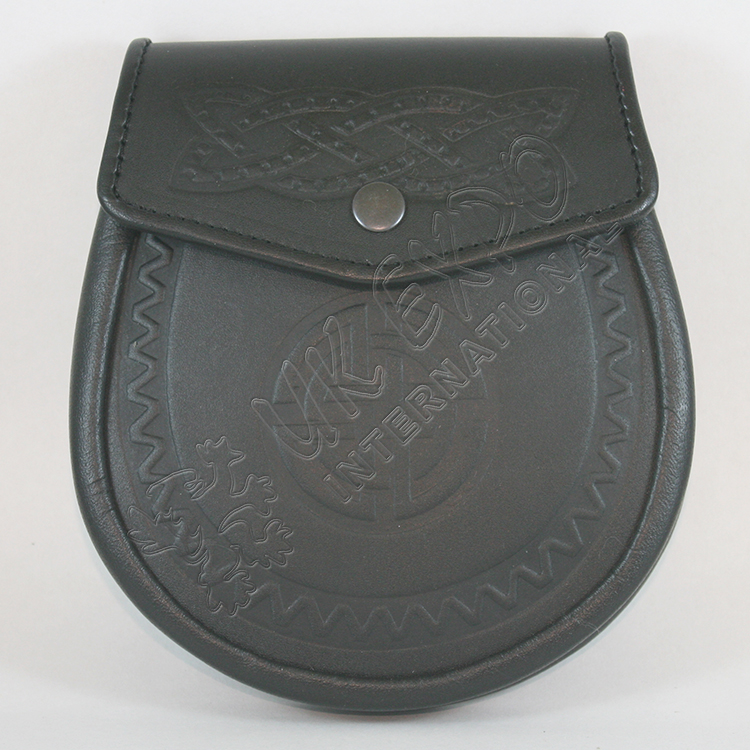 Black Real Plain Leather Sporran with celtic Embossed