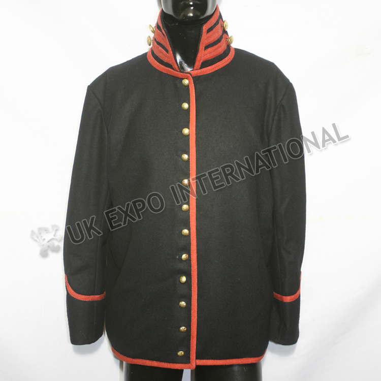 Black Color Wool Coat with Red Braid