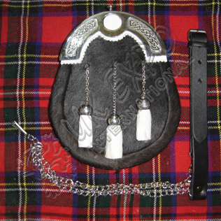 Black Goat Skin Sporrans with White goat tessels and white backing on celtic cantle