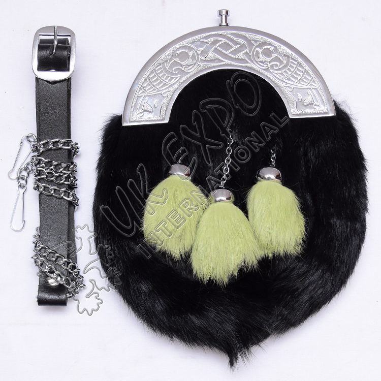 Black Rabbit fur and green Fur Tessels with dual Celtic bird  and knots Cantle