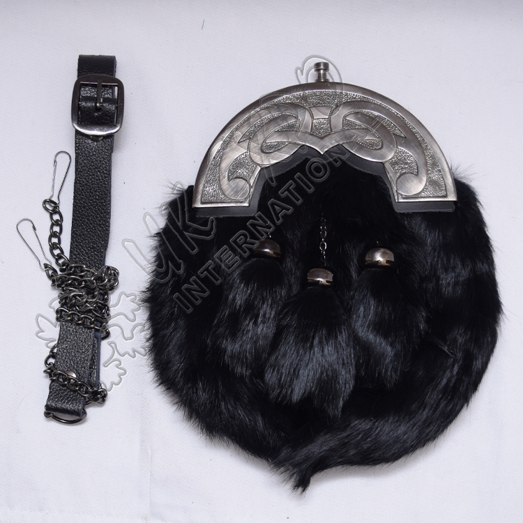Black Rabbit Fur Full Dress Sporrans Scottish Celtic Design Cantle Shiny Antique