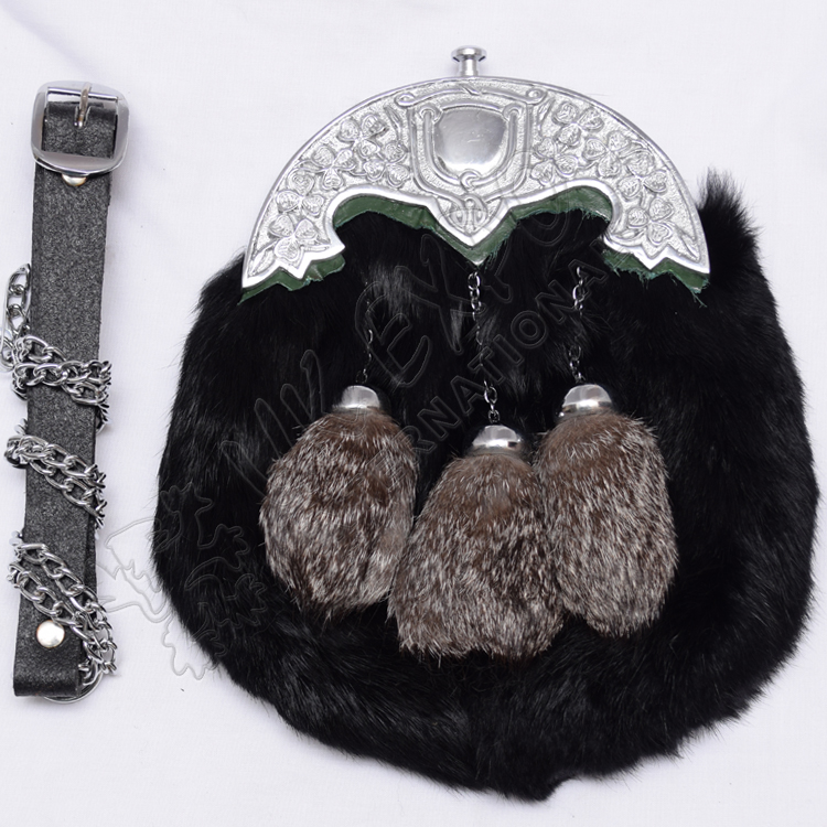 Black rabbit Furr with Multi Gray Color tessels Green Backing on Shamrock Cantle