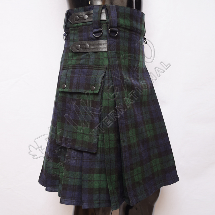 Black Watch Tartan 4 Leather Straps Utility Kilts with Black Color snaps closing