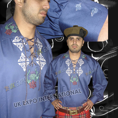 Blue Jacobite Shirt wit Scottish Flower Hand Embroidery
