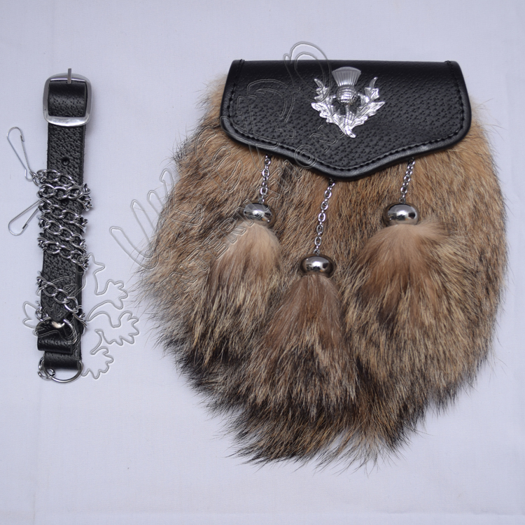 Brown Fox fur with Thistle on Celtic embossed Semi Dress Sporrans