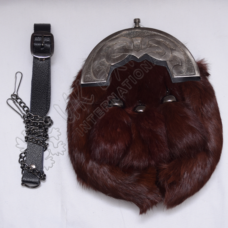 Brown Rabbit Fur Full Dress Sporrans Scottish Celtic Design Cantle Shiny Antique