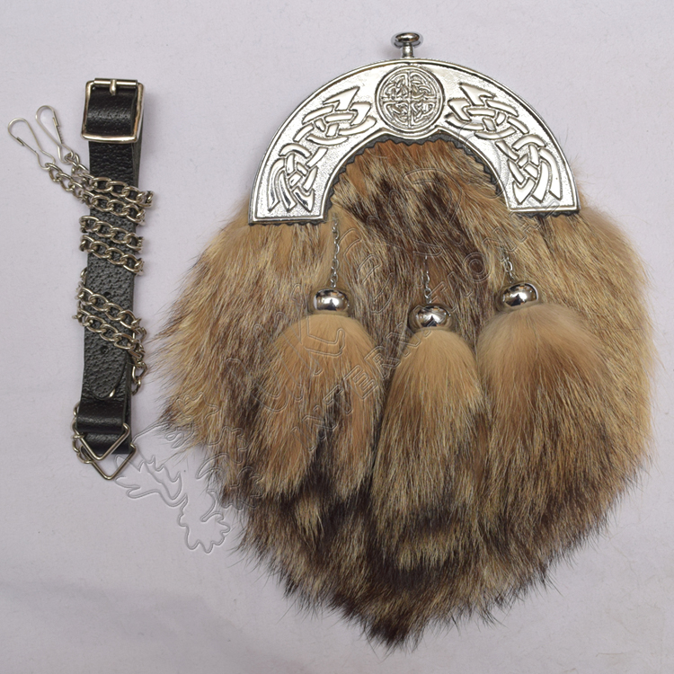 Brown Day Leather Sporran with 3 Fur Tassels Double Chain Kilt Belt Bagpipe Fly 