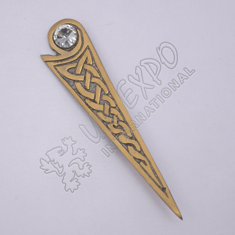 Celtic Design With Stone Brass Antique Kilt Pin