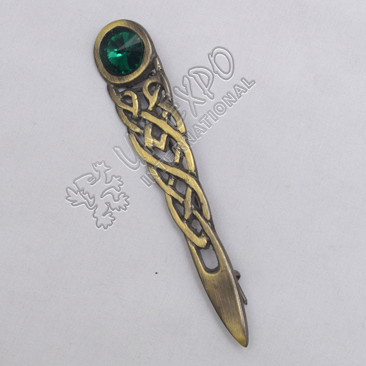 Celtic Knot With Green Stone Brass Antique Kilt Pin 