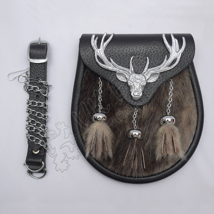 Chrome Plated Stag Semi Dress Brown Seal Skin With Black Leather Sporran