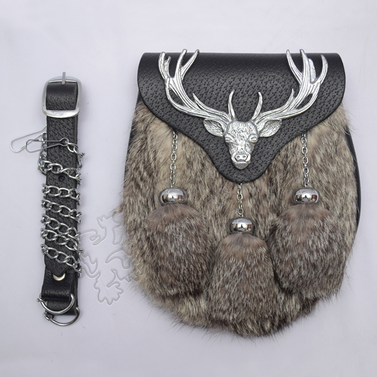 Chrome Plated Stag Semi Dress Multi Gray Fur With Black Leather Sporran