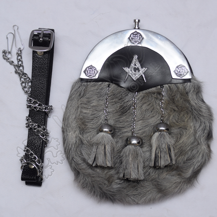 Color filled Cantle Seal Skin Gray Sporran with Masonic Badge on leather Backing