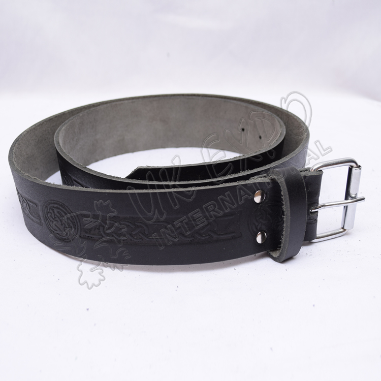 Cow Hide Leather Single Pin Buckle with Celtic Embossed Belt