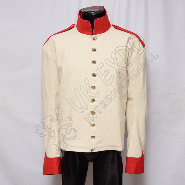 Cream Color Coat with Red Collar Cuff