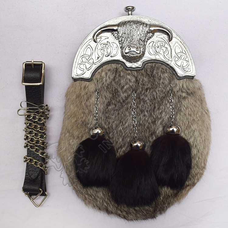Full Dress Chrome Plated Coo Ox Cantle Gray Rabbit Fur Sporran