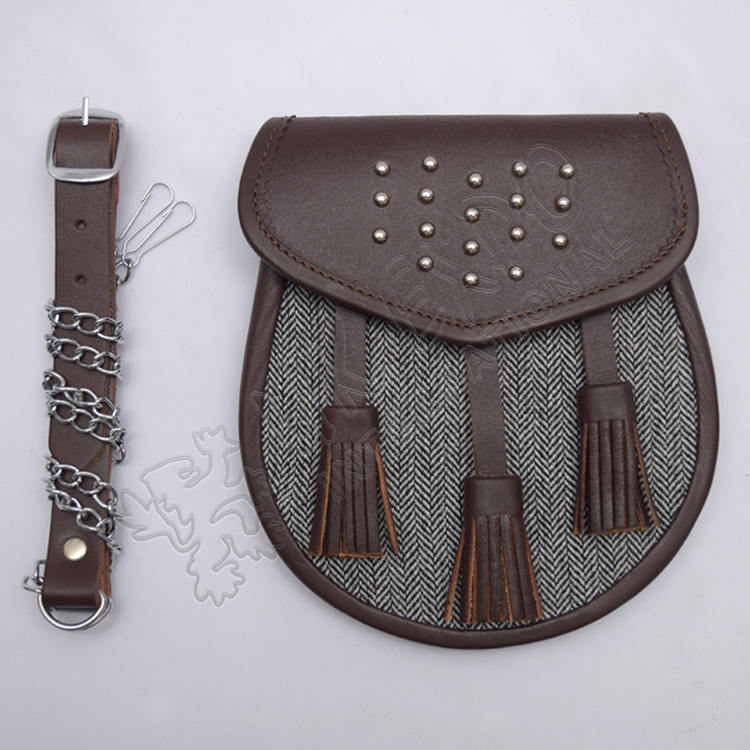 Gladiator Semi Dress Sporran Brass Studs on Flap Brown leather with gray Fabric