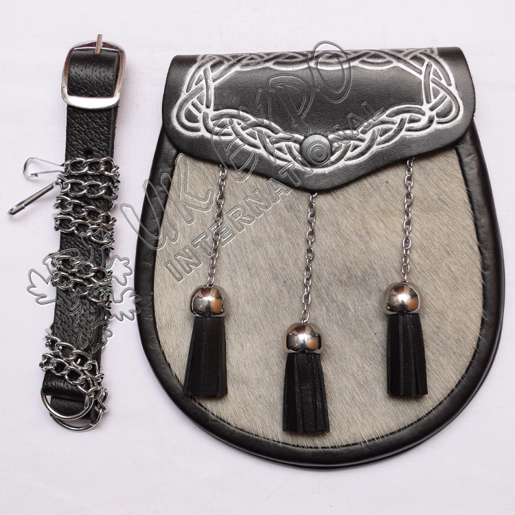 Gray Color Cow Skin with Leather Corner Celtic Embossed with Silver Color Filling on Flap