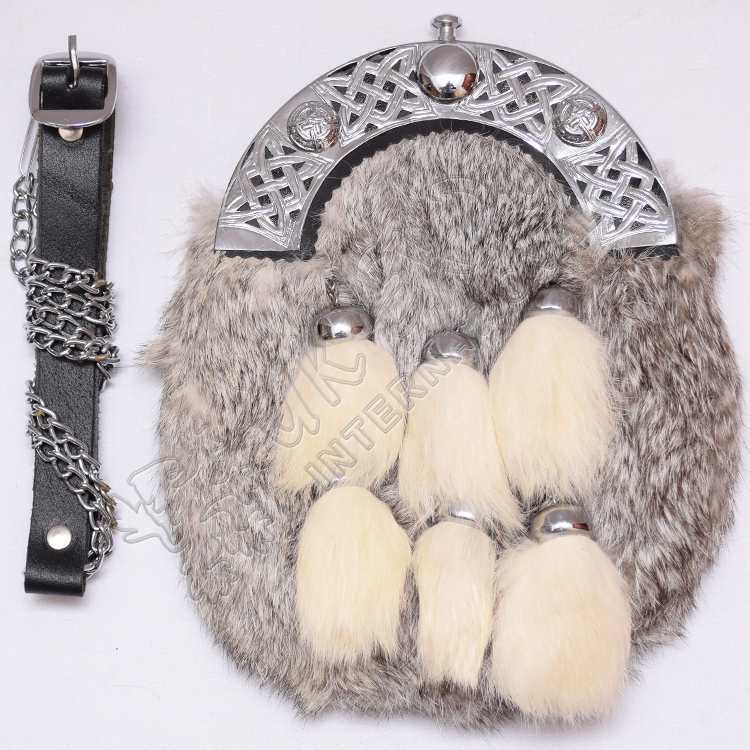 Gray Rabbit Fur Full Dress Sporran with 6 White Fur Tessels