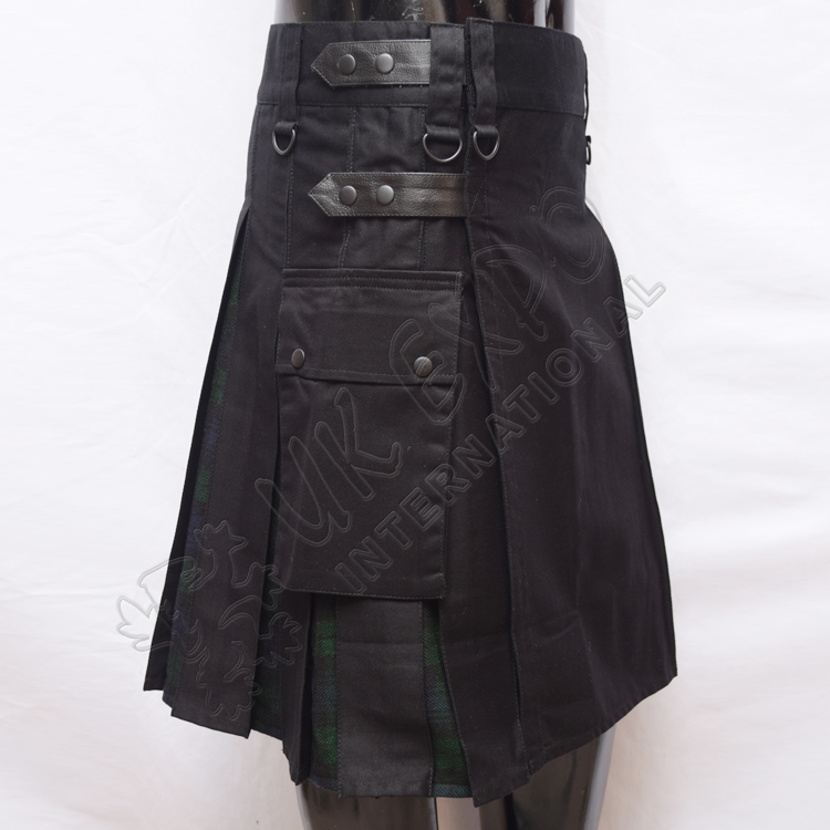 Hybrid Decent Black and Back Watch Tartan Box Pleat Utility Kilt Attached pockets