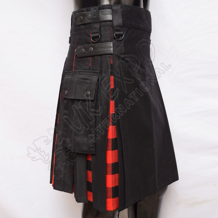 Hybrid Decent Black and MacGregor Rob Roy Tartan Box Pleat Utility Kilt Attached pockets