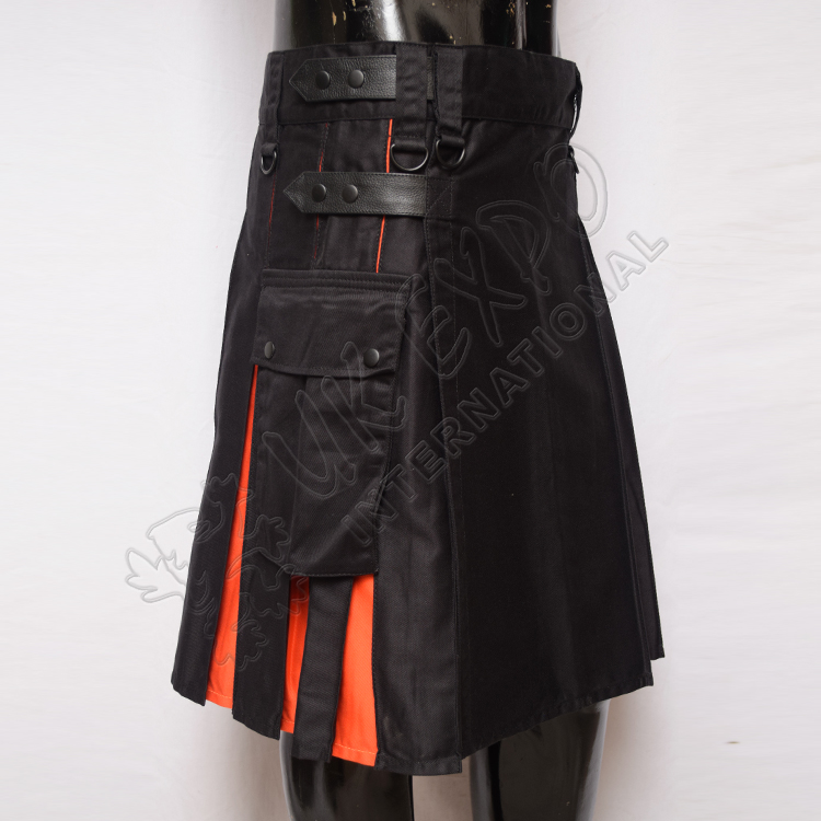 Hybrid Decent Black and Orange Pleat Utility Kilt Attached Box pockets
