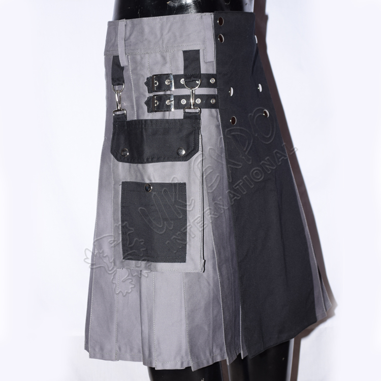Hybrid Tactical Kilt with Detachable Pockets Black and Gray Cotton