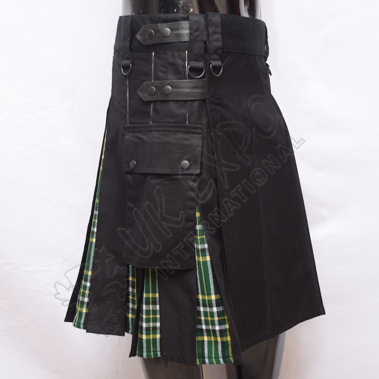 Hybrid Decent Black and Dark Irish Tartan Box Pleat Utility Kilt Attached pockets