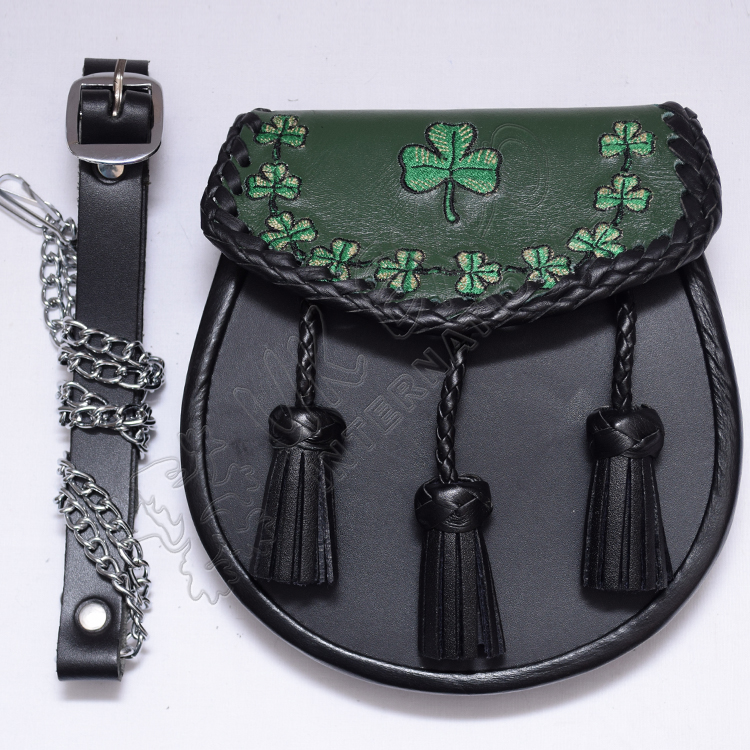 Irish Shamrock on Front and Edge Hand Embroidered with leather Tessels