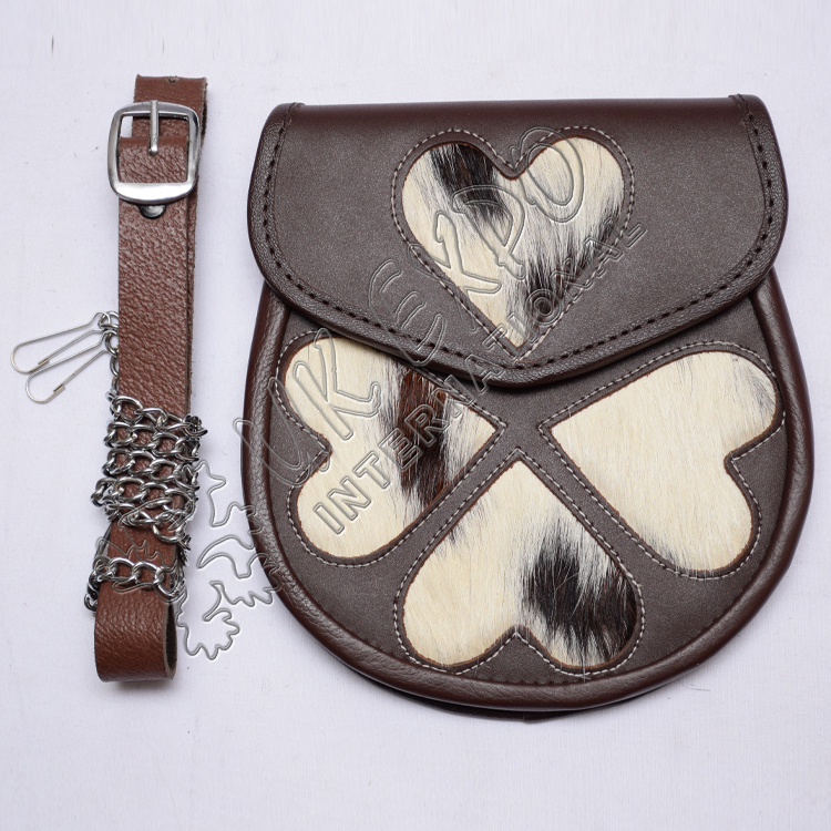 Loving Heart Brown Leather Sporran White color stitching on corners